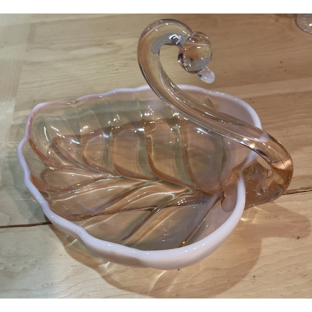 Vintage Duncan Miller Pink Opalescent Glass Swan Vanity Trinket Dish Great Gift